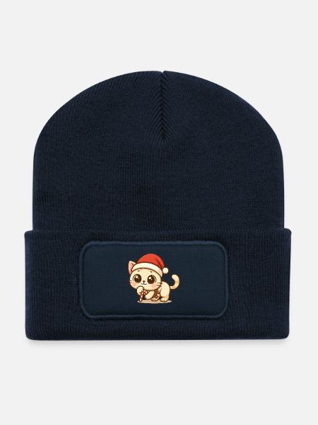 Kawaii Weihnachtskatze – Süßes Xmas Design - Recycelte Patch Beanie - French Navy