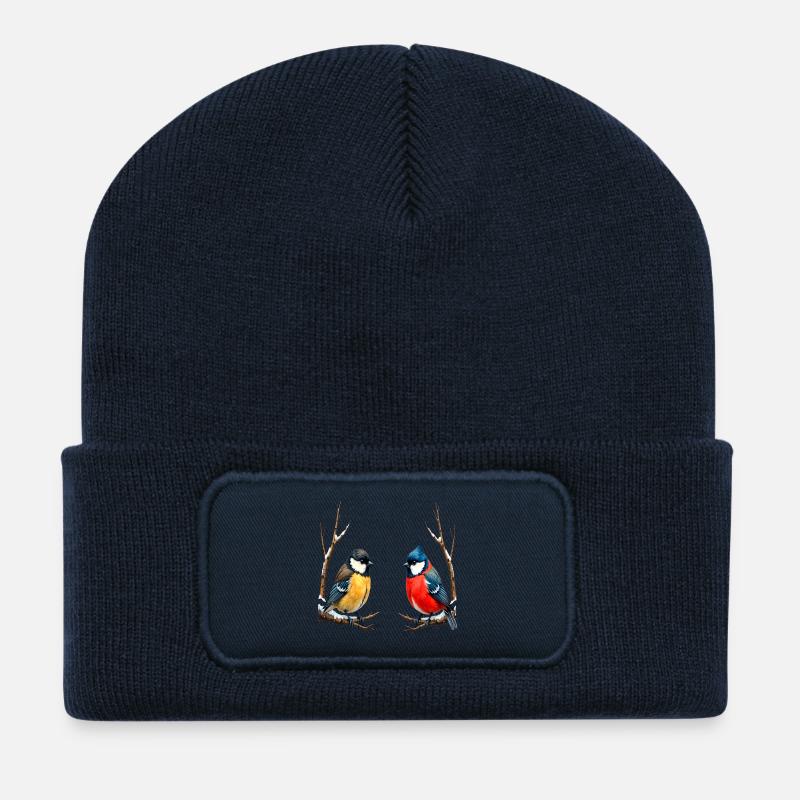 Zwillingssingvögel im Winter - Recycelte Patch Beanie - French Navy