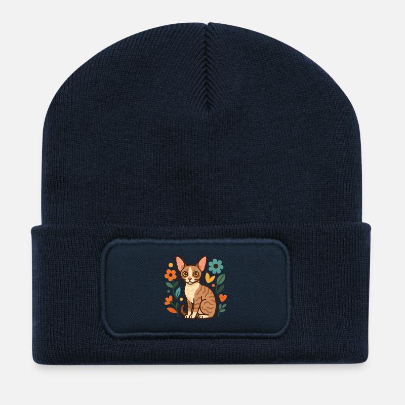Cornish Rex Cat Among Flowers - Recycled Patch Beanie - french navy