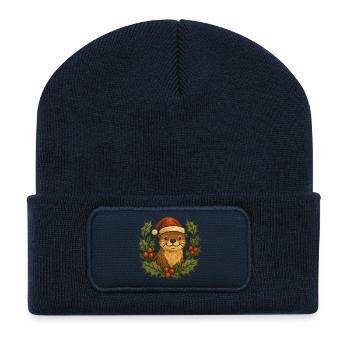 Loutre du Père Noël parmi le houx - Beanie recyclé à patch - bleu marine - Devant