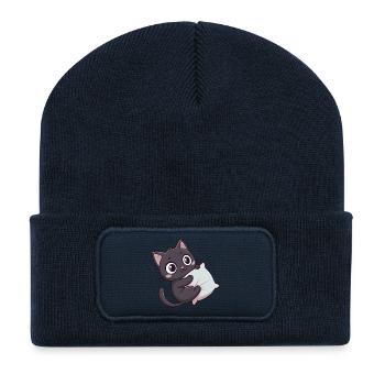 Kawaii kitten cuddly on pillow - Recycled Patch Beanie - french navy - Front