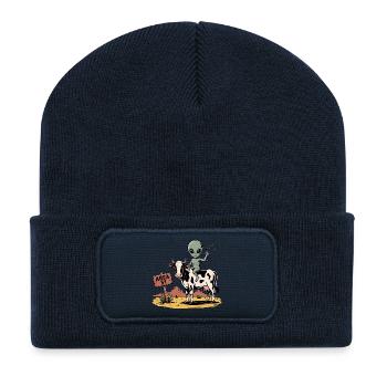 Funny Area 51 Alien UFO Riding Cow - Recycled Patch Beanie - french navy - Front