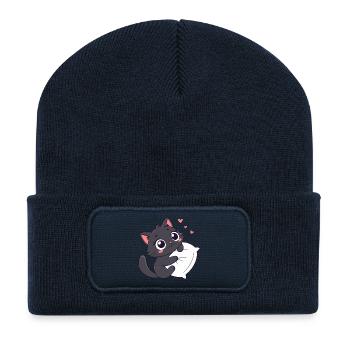 Cuddly Black Kitten on Pillow - Recycled Patch Beanie - french navy - Front