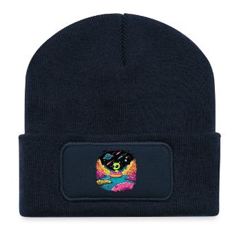 Petit extraterrestre sur beignet dans un cosmos coloré - Beanie recyclé à patch - bleu marine - Devant