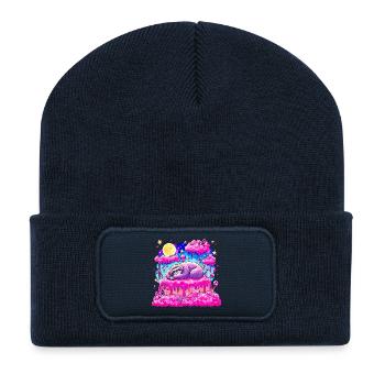 Purple Slumber Sloth on Pink Cake - Recycled Patch Beanie - french navy - Front