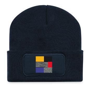 Scandi Art: Abstrakte Geometrie in Rot Blau Orange - Recycelte Patch Beanie - French Navy - Vorne