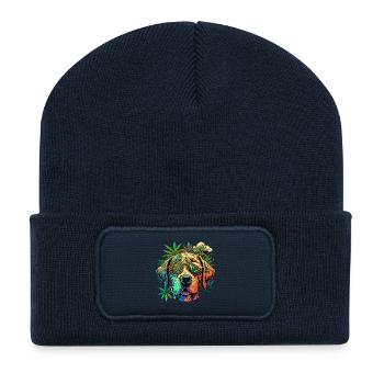 Chien coloré avec des lunettes de soleil et du cannabis - Beanie recyclé à patch - bleu marine - Devant