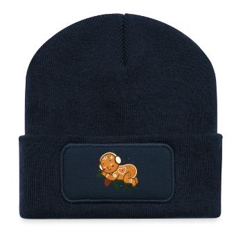 Baby gingerbread snuggled up on fir branches - Recycled Patch Beanie - french navy - Front