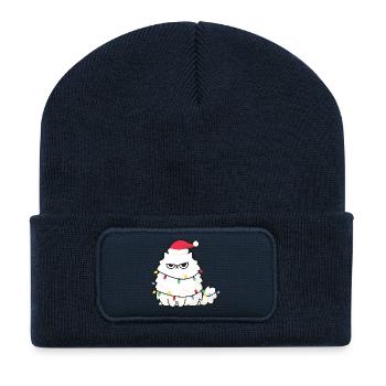 Grimmige Weihnachtskatze mit Lichtern - Recycelte Patch Beanie - French Navy - Vorne