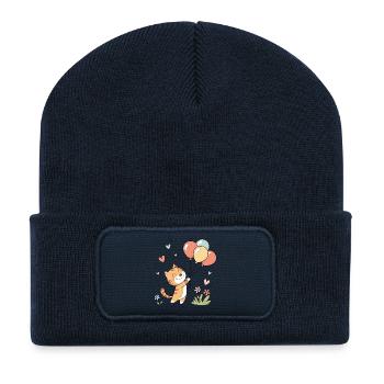 Fröhliche Katze mit Luftballons - Recycelte Patch Beanie - French Navy - Vorne