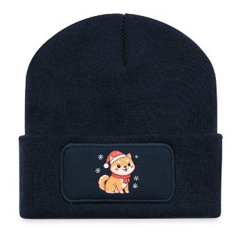 Shiba Noël Mignon avec chapeau et écharpe - Beanie recyclé à patch - bleu marine - Devant