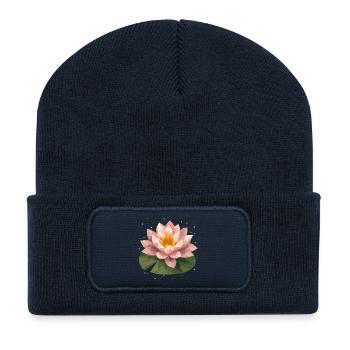 Polygon Water Lily in Pink on Green Leaf - Recycled Patch Beanie - french navy - Front