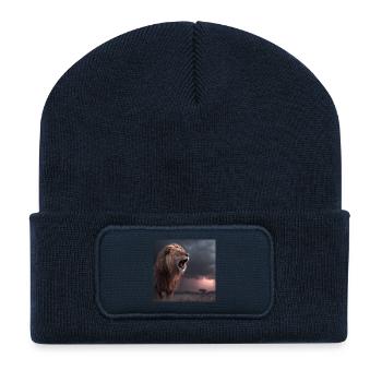 Lion in the Storm – Dramatic Roaring King - Recycled Patch Beanie - french navy - Front