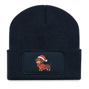 Festlicher Dackel Weihnachtsroter Schleife - Recycelte Patch Beanie - French Navy - Vorne