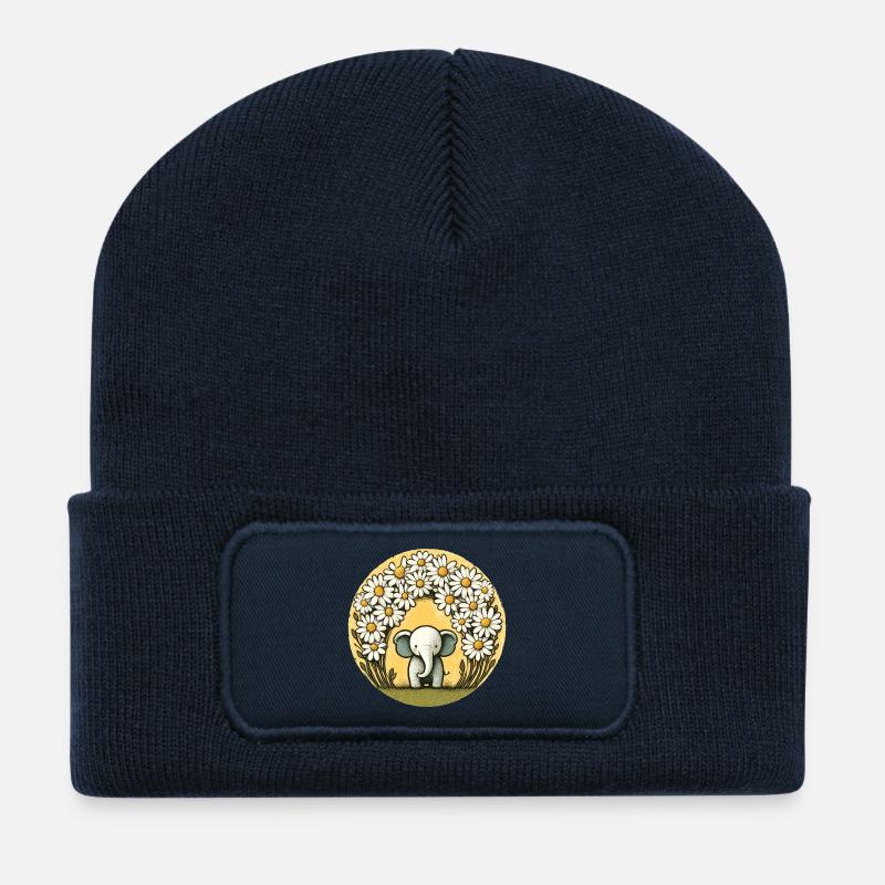 Elefant im Gänseblümchen-Ring - Recycelte Patch Beanie - French Navy