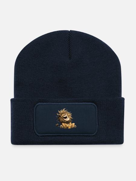Laughing Lion Wildcat Funny Cheerful Humor - Recycled Patch Beanie - french navy