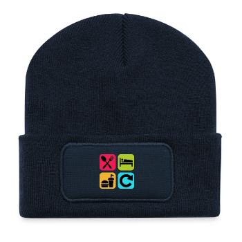 Essen, Schlaf, Essen wiederholen, lustiges Zitat, Koch. - Recycelte Patch Beanie - French Navy - Vorne