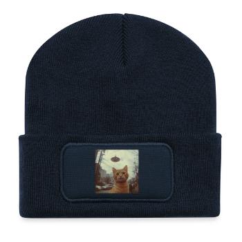 Chat OVNI au-dessus d’une ville néon - Beanie recyclé à patch - bleu marine - Devant