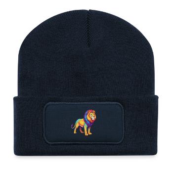 Colorful Lion Rainbow Pop Art Watercolor - Recycled Patch Beanie - french navy - Front