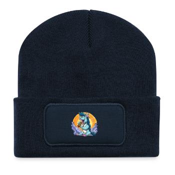 Blauer Drachen-Sänger vor Sonnenkreis - Recycelte Patch Beanie - French Navy - Vorne