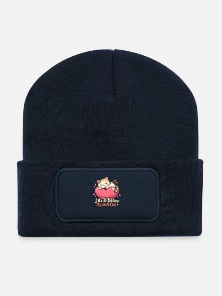 Life Is Better With A Cat Motiv - Recycelte Patch Beanie - French Navy