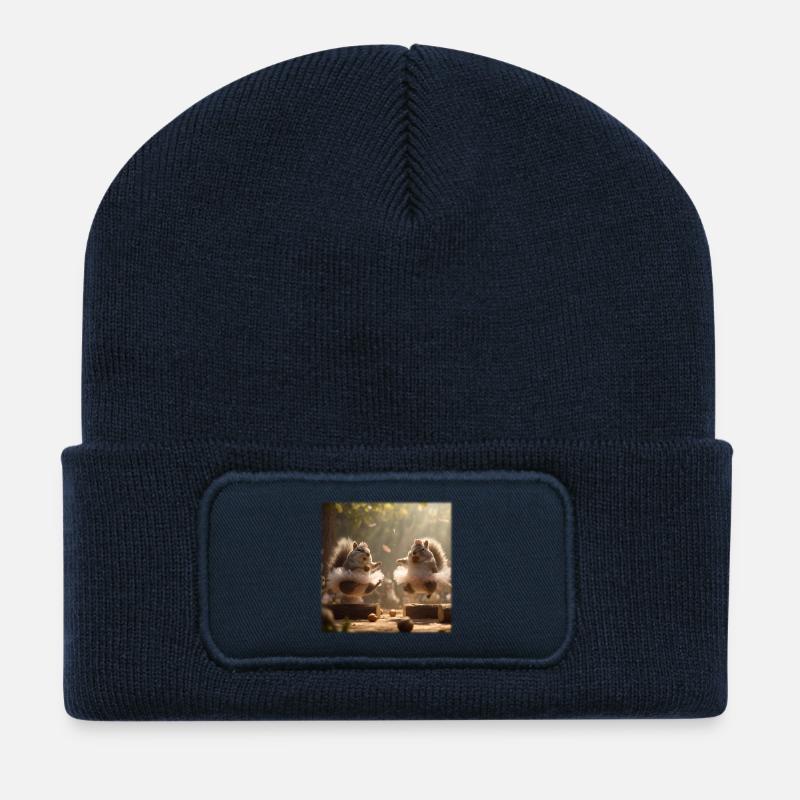 Des écureuils dansants en tutu avec des glands - Beanie recyclé à patch - bleu marine