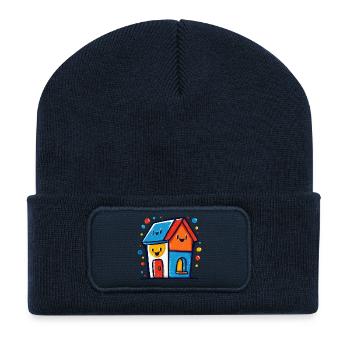 Buntes Haus-Trio mit lachenden Gesichtern - Recycelte Patch Beanie - French Navy - Vorne