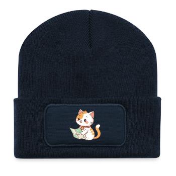 Chat explorateur et carte - Beanie recyclé à patch - bleu marine - Devant