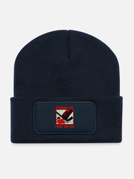 Graphique de hockey rouge sang avec un palet - Beanie recyclé à patch - bleu marine