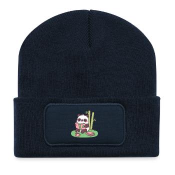 Süßer Panda liest ein Buch in der Nähe von Bambuspflanzen - Recycelte Patch Beanie - French Navy - Vorne