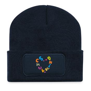 Schulkind mit bunten Buchstaben Herz und Blumen - Recycelte Patch Beanie - French Navy - Vorne