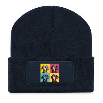 Pop Art Dackel-Quad - Recycelte Patch Beanie - French Navy - Vorne