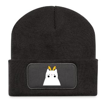 White cat with golden antlers - Recycled Patch Beanie - dark grey - Front