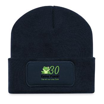 Design pour les 30 ans – Ne paniquez pas ! Grenouille drôle - Beanie recyclé à patch - bleu marine - Devant