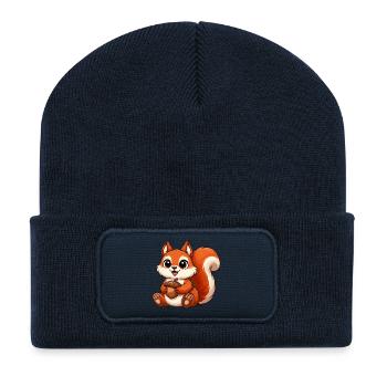 Motif d’écureuil mignon avec un noix - Beanie recyclé à patch - bleu marine - Devant
