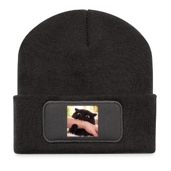 Freche Katze beim Beißen – Lustige „Küsschen mit Z - Recycelte Patch Beanie - Dunkelgrau - Vorne