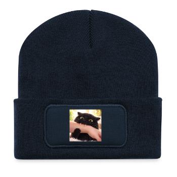 Freche Katze beim Beißen – Lustige „Küsschen mit Z - Recycelte Patch Beanie - French Navy - Vorne