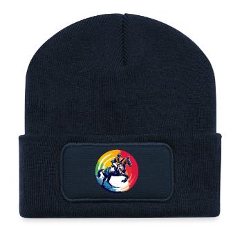 Regenbogen Springpferd Pferd Springreiten Motiv - Recycelte Patch Beanie - French Navy - Vorne