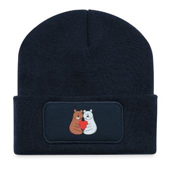 Adorable couple d’ours câlinés avec le cœur - Beanie recyclé à patch - bleu marine - Devant