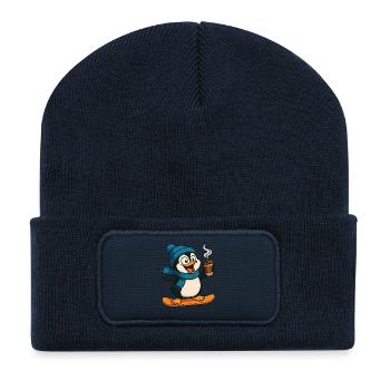 Snow Penguin with Coffee and Scarf - Recycled Patch Beanie - french navy - Front