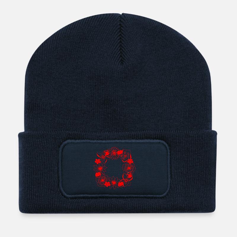 Red flower circle frame - Recycled Patch Beanie - french navy
