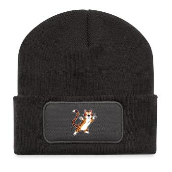 Fröhliche getigerte Katze Sprungfreude - Recycelte Patch Beanie - Dunkelgrau - Vorne