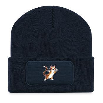 Fröhliche getigerte Katze Sprungfreude - Recycelte Patch Beanie - French Navy - Vorne