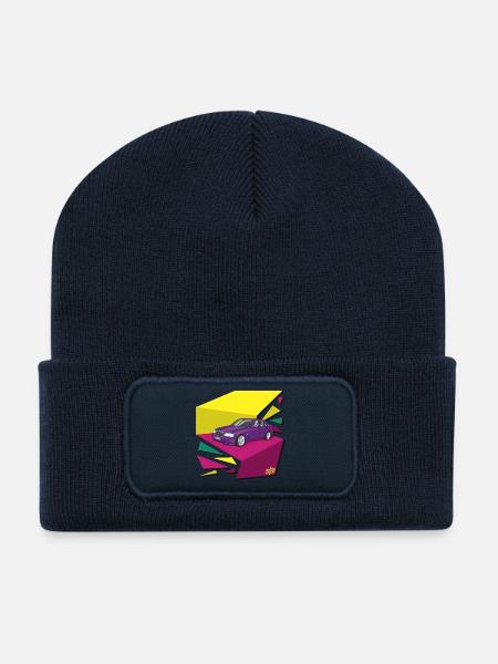 Lila Auto im Neon-Geomuster  - Recycelte Patch Beanie - French Navy