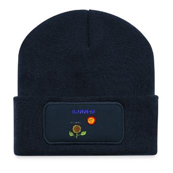 Sommersonne und Sonnenblumen - Recycelte Patch Beanie - French Navy - Vorne