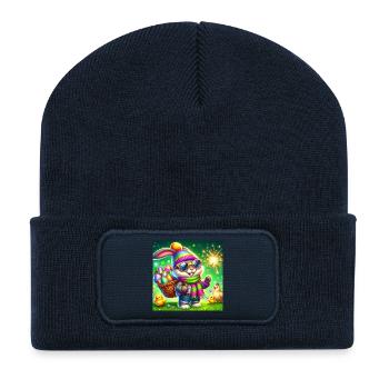 Lapin de Pâques avec panier à œufs et cierge magmage à paillettes - Beanie recyclé à patch - bleu marine - Devant