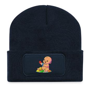 Bébé souriant avec des blocs colorés - Beanie recyclé à patch - bleu marine - Devant