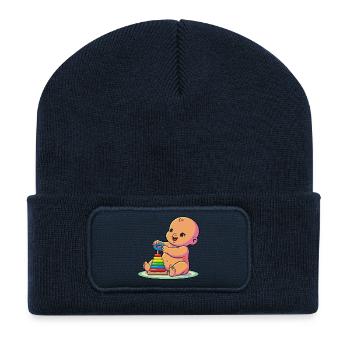 Baby with Rainbow Stacking Rings - Recycled Patch Beanie - french navy - Front