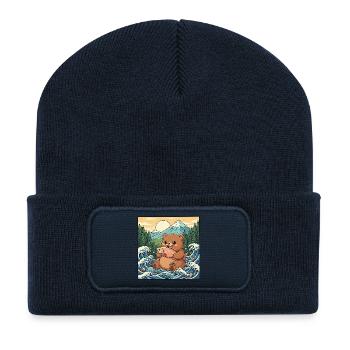 Kawaii Bear Salmon - Recycled Patch Beanie - french navy - Front