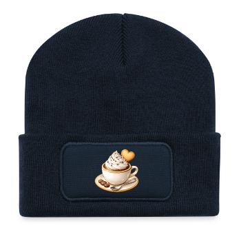 Kaffee mit Sahne und Herz Keks Illustration - Recycelte Patch Beanie - French Navy - Vorne